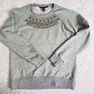 BCBGMAXAZRIA Womens Gray Beaded Long Sleeve Pullover Top Size Medium
